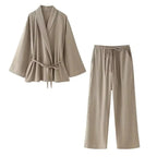 Marke Damen Lounge-Anzug aus Leinen mit Gürtel, Beige — Image 4