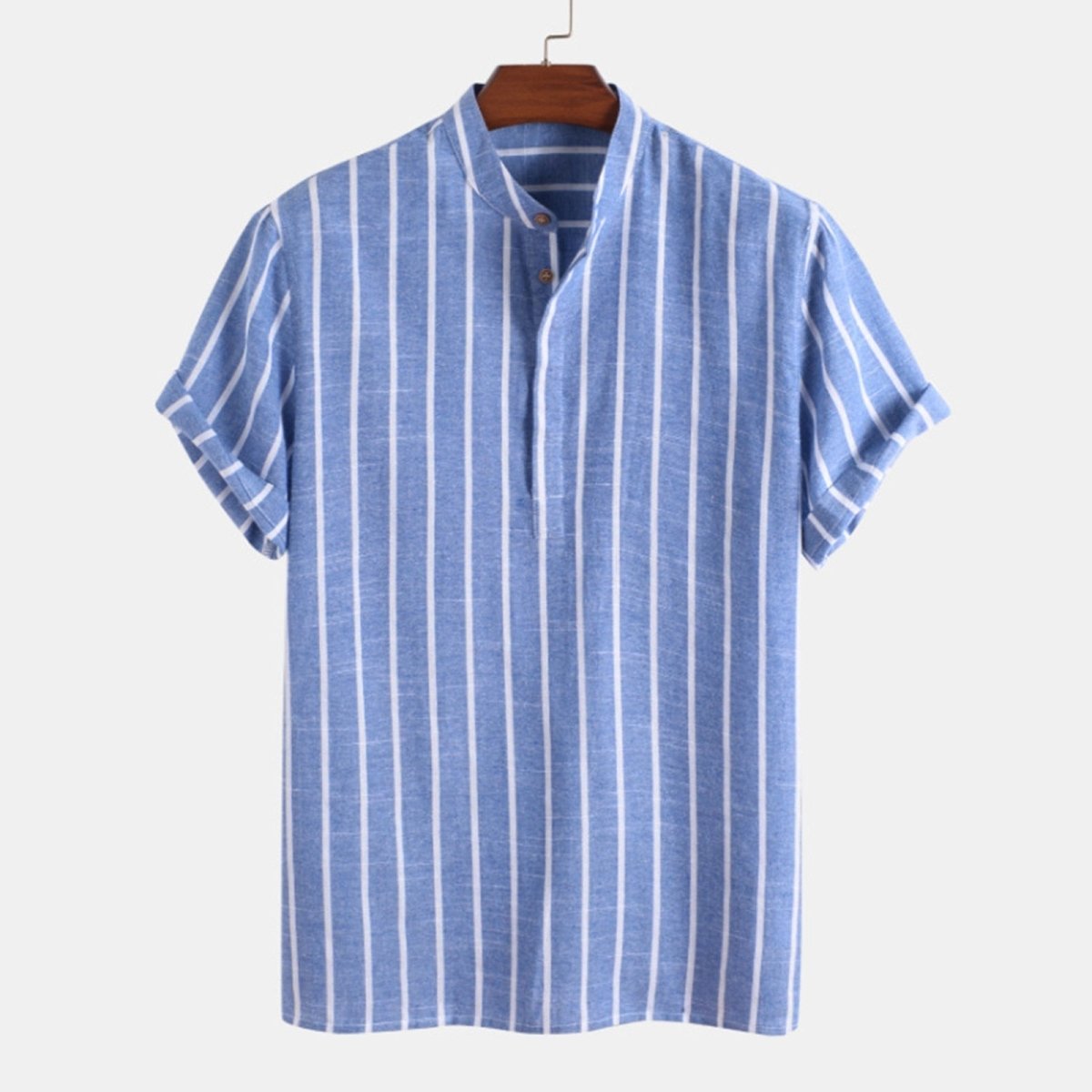 Jesolice Herren Gestreiftes Baumwollmischung Kurzarm Henley Hemd – Leichtes Lässiges Sommeroberteil mit Stehkragen Elegant — Image 2