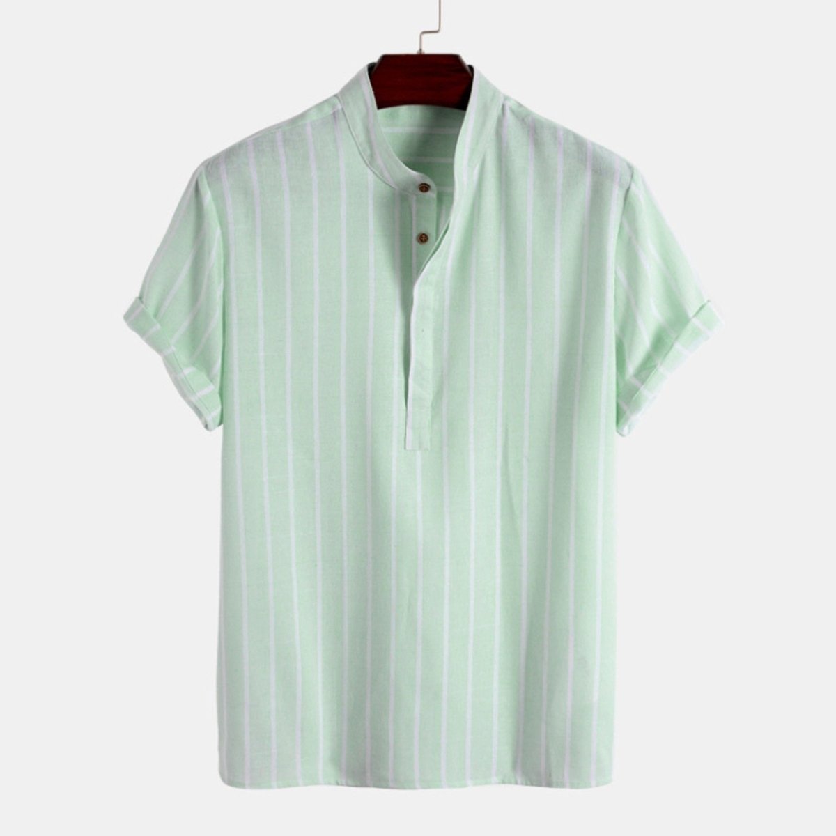 Jesolice Herren Gestreiftes Baumwollmischung Kurzarm Henley Hemd – Leichtes Lässiges Sommeroberteil mit Stehkragen Elegant — Image 3