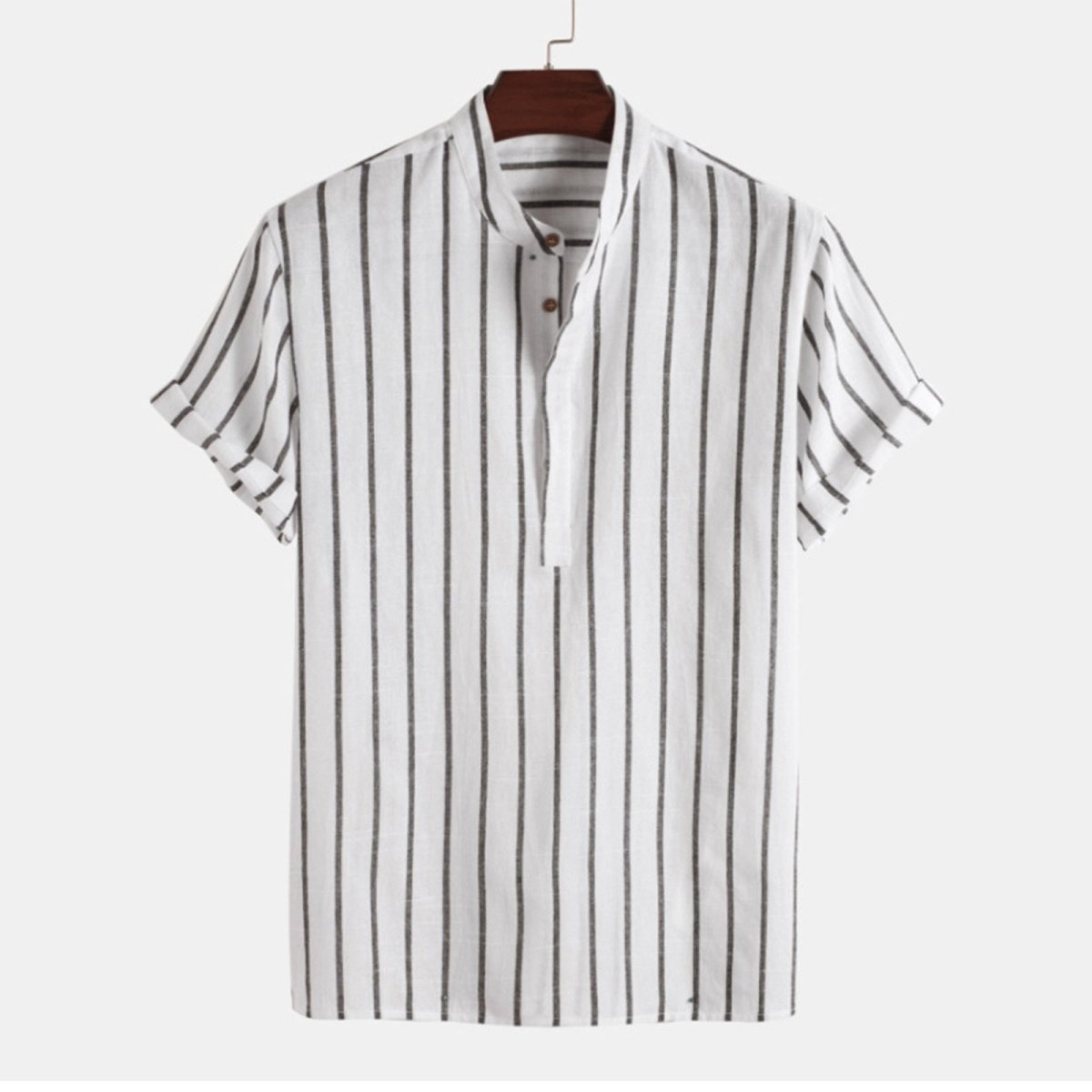 Jesolice Herren Gestreiftes Baumwollmischung Kurzarm Henley Hemd – Leichtes Lässiges Sommeroberteil mit Stehkragen Elegant — Image 4