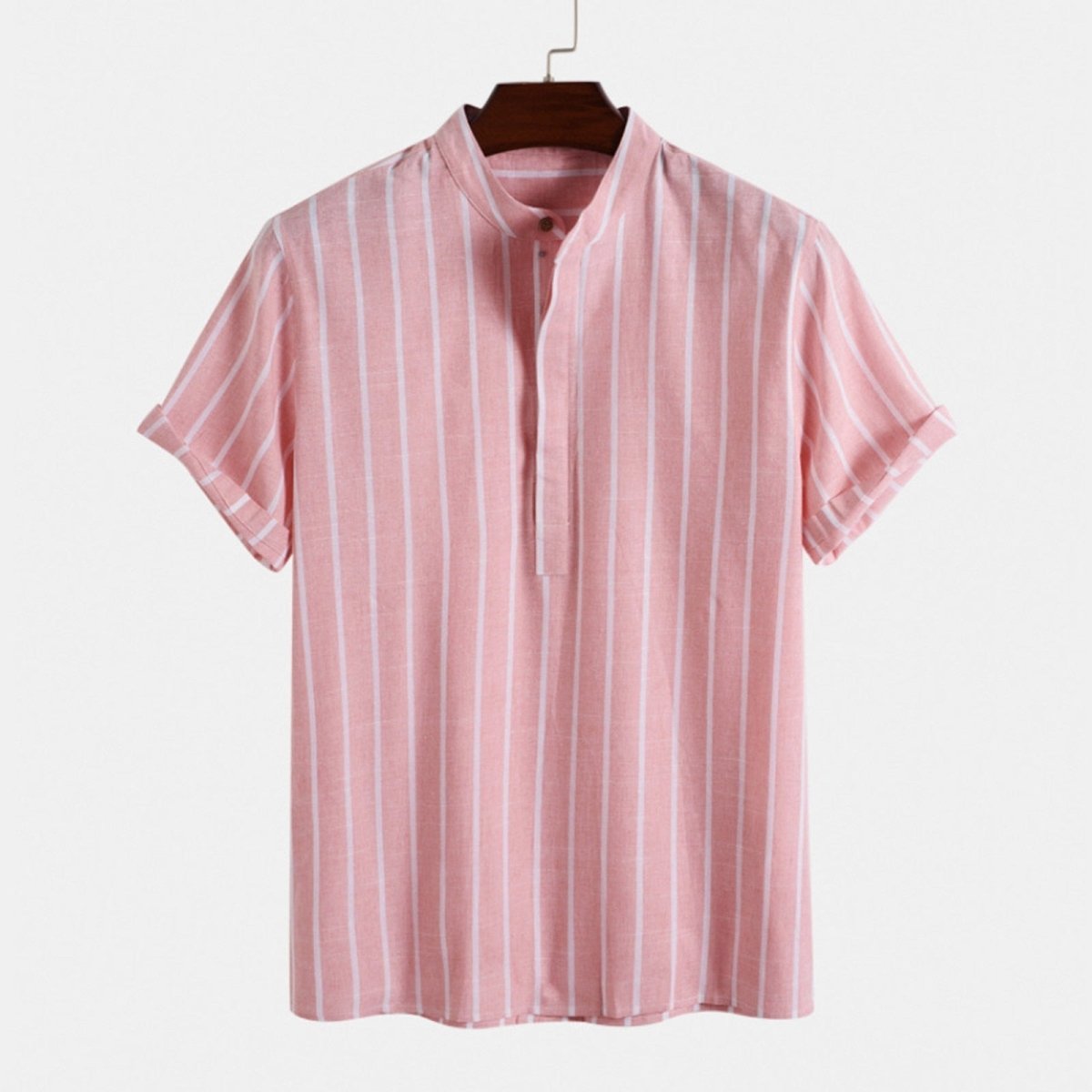 Jesolice Herren Gestreiftes Baumwollmischung Kurzarm Henley Hemd – Leichtes Lässiges Sommeroberteil mit Stehkragen Elegant — Image 5