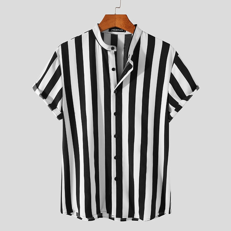 Jesolice Herren Gestreiftes Kurzarm Hemd – Lässiges Leichtes Polyester Atmungsaktives Sommeroberteil mit Stehkragen Stilvolles — Image 2