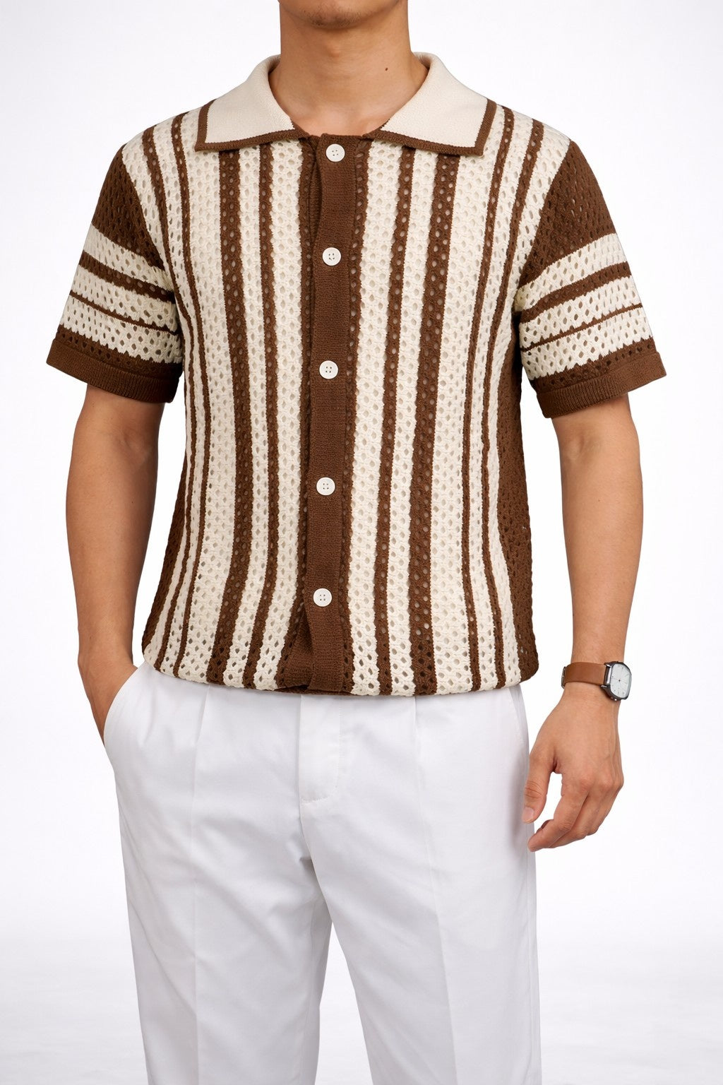 Jesolice Herren Retro Strick Knopf-Poloshirt – Leichtes Atmungsaktives Gestreiftes Kurzarmoberteil für Lässige Sommeroutfits Stilvoll — Main Image