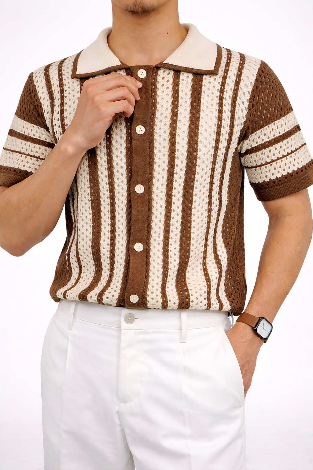 Jesolice Herren Retro Strick Knopf-Poloshirt – Leichtes Atmungsaktives Gestreiftes Kurzarmoberteil für Lässige Sommeroutfits Stilvoll — Image 2