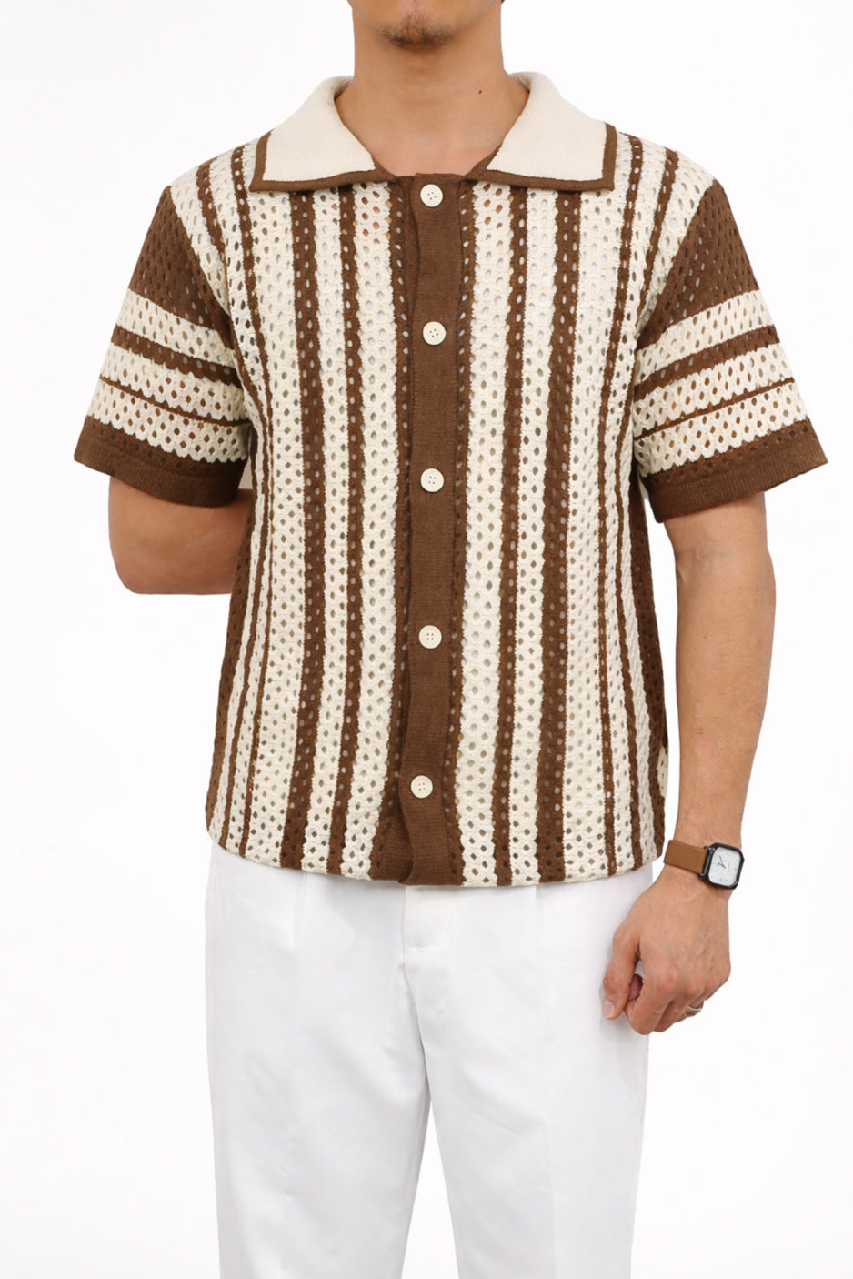 Jesolice Herren Retro Strick Knopf-Poloshirt – Leichtes Atmungsaktives Gestreiftes Kurzarmoberteil für Lässige Sommeroutfits Stilvoll — Image 3