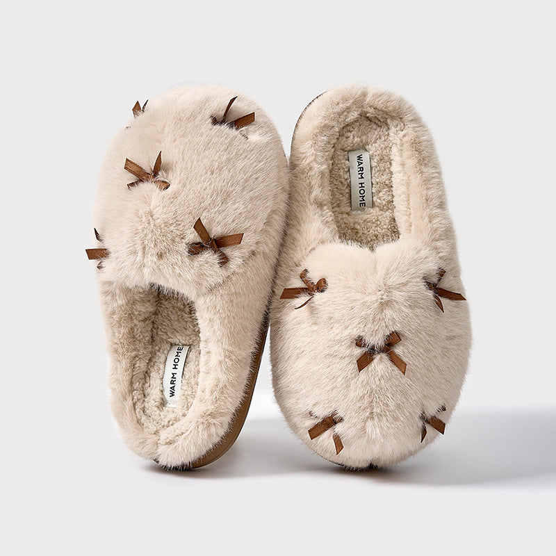 Damen Fuzzy Hausschuhe Beige mit Schleifen