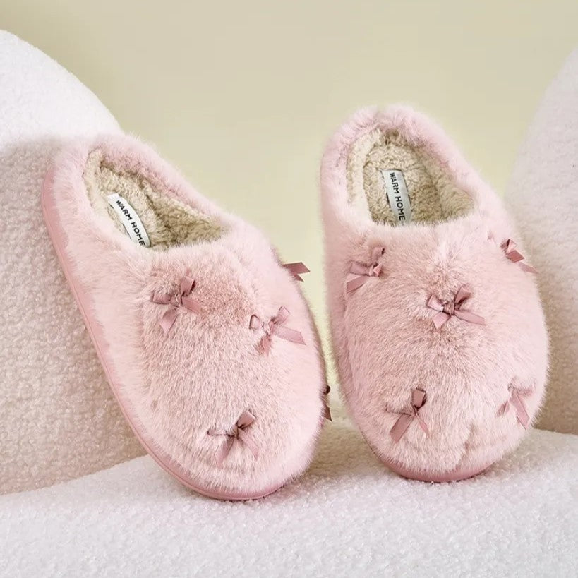 Damen Fuzzy Hausschuhe Beige mit Schleifen 4