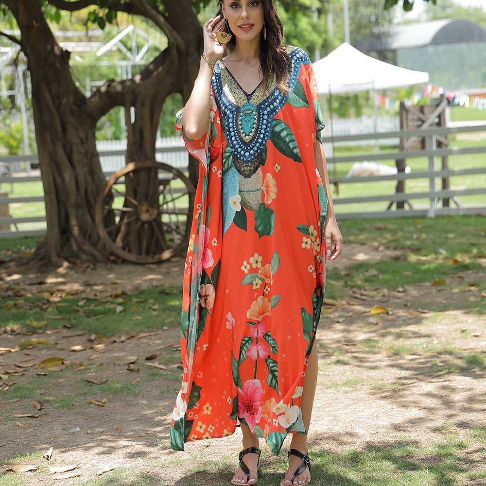 Damen Kaftan in Orange mit Blumenmuster und Perlenverzierung 2