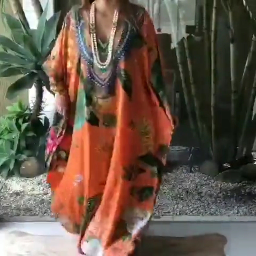 Damen Kaftan in Orange mit Blumenmuster und Perlenverzierung 3