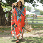 Damen Kaftan in Orange mit Blumenmuster und Perlenverzierung 4