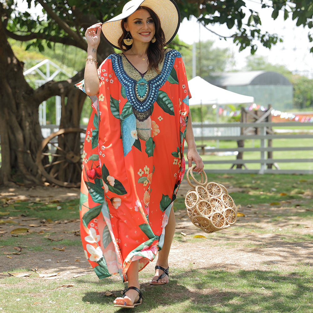 Damen Kaftan in Orange mit Blumenmuster und Perlenverzierung 4