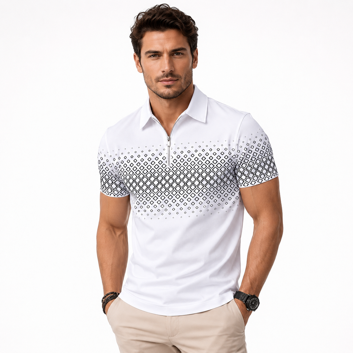 Herren Polo mit geometrischem Muster, Weiß