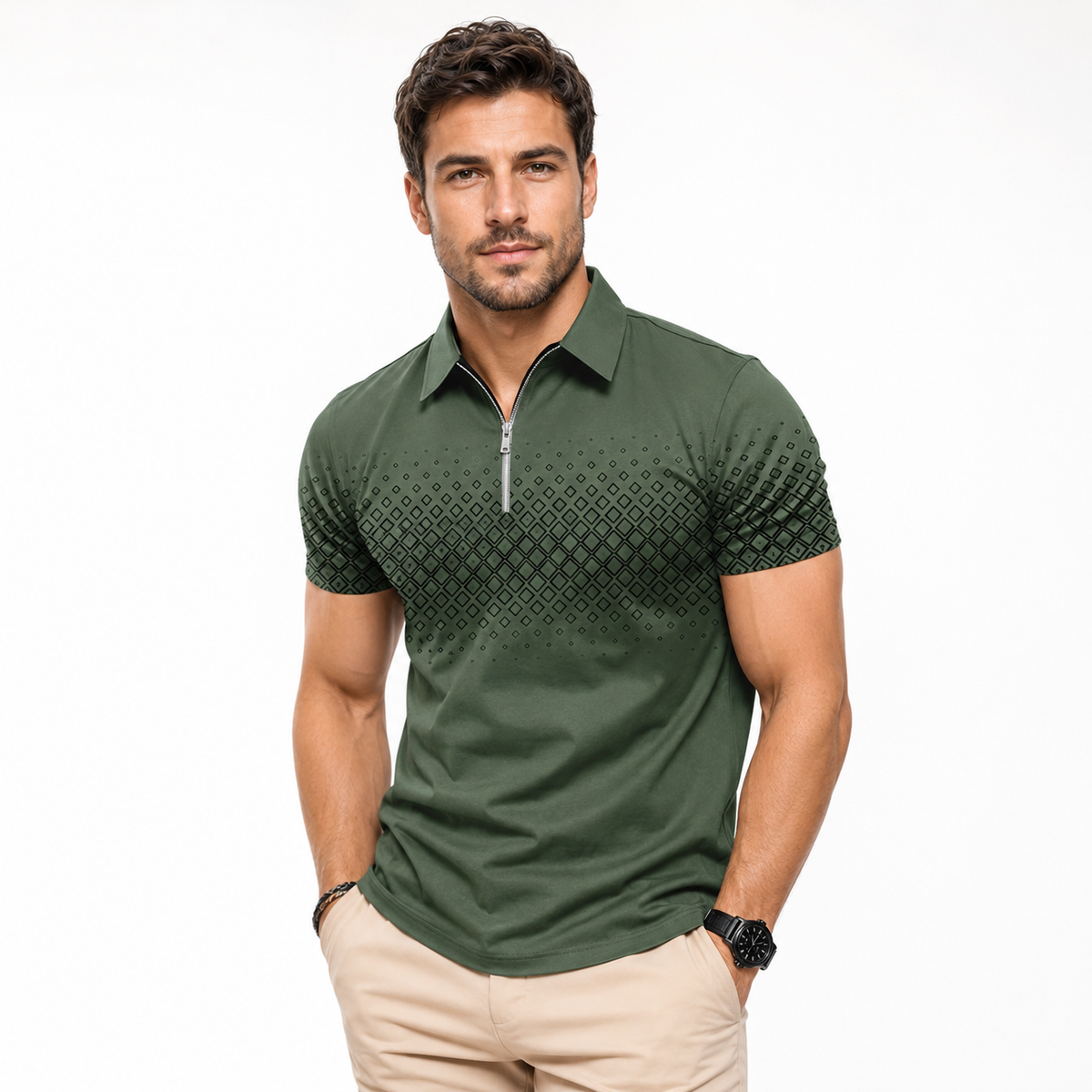 Herren Polo mit geometrischem Muster, Weiß 3