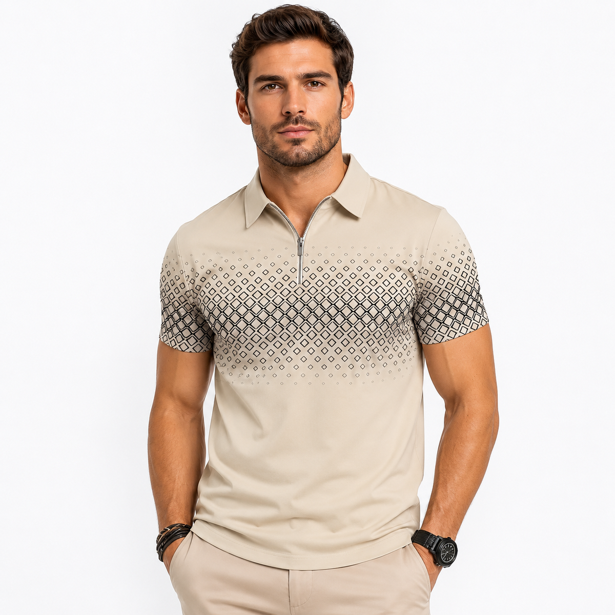 Herren Polo mit geometrischem Muster, Weiß 6