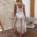 Offenes Häkel Fransen Strandkleid in Weiß, Boho-Stil 4