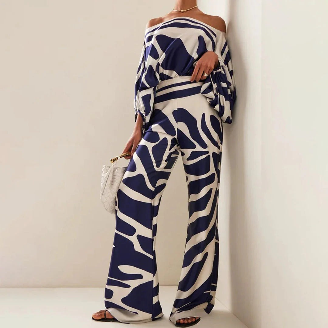 Elegantes, abstraktes Zweiteiliges Set für Frauen in Blau und Elfenbein. 2