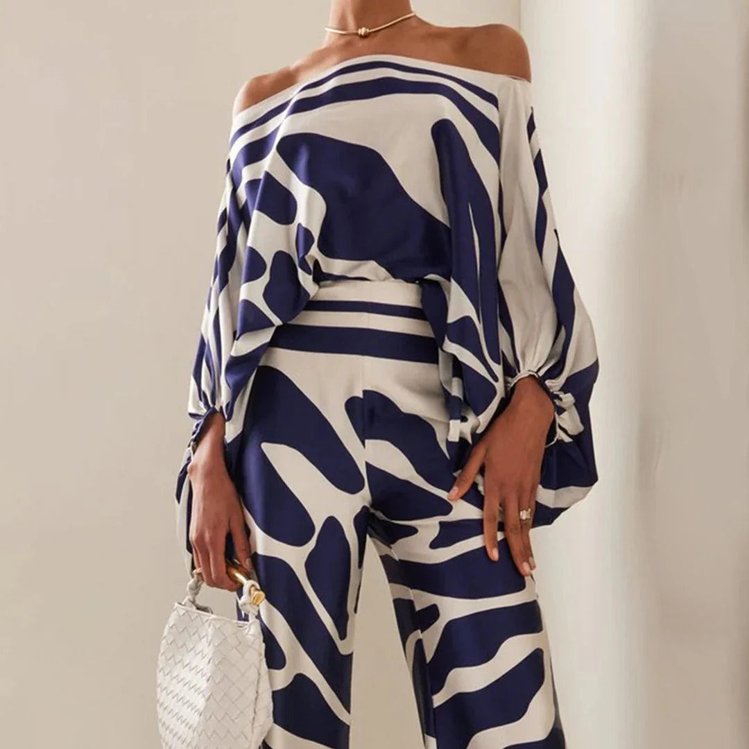 Elegantes, abstraktes Zweiteiliges Set für Frauen in Blau und Elfenbein. 3