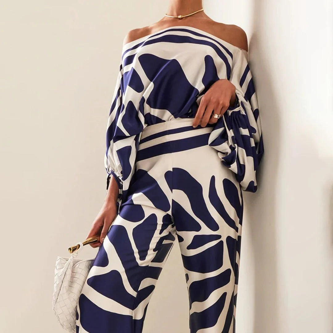 Elegantes, abstraktes Zweiteiliges Set für Frauen in Blau und Elfenbein. 4