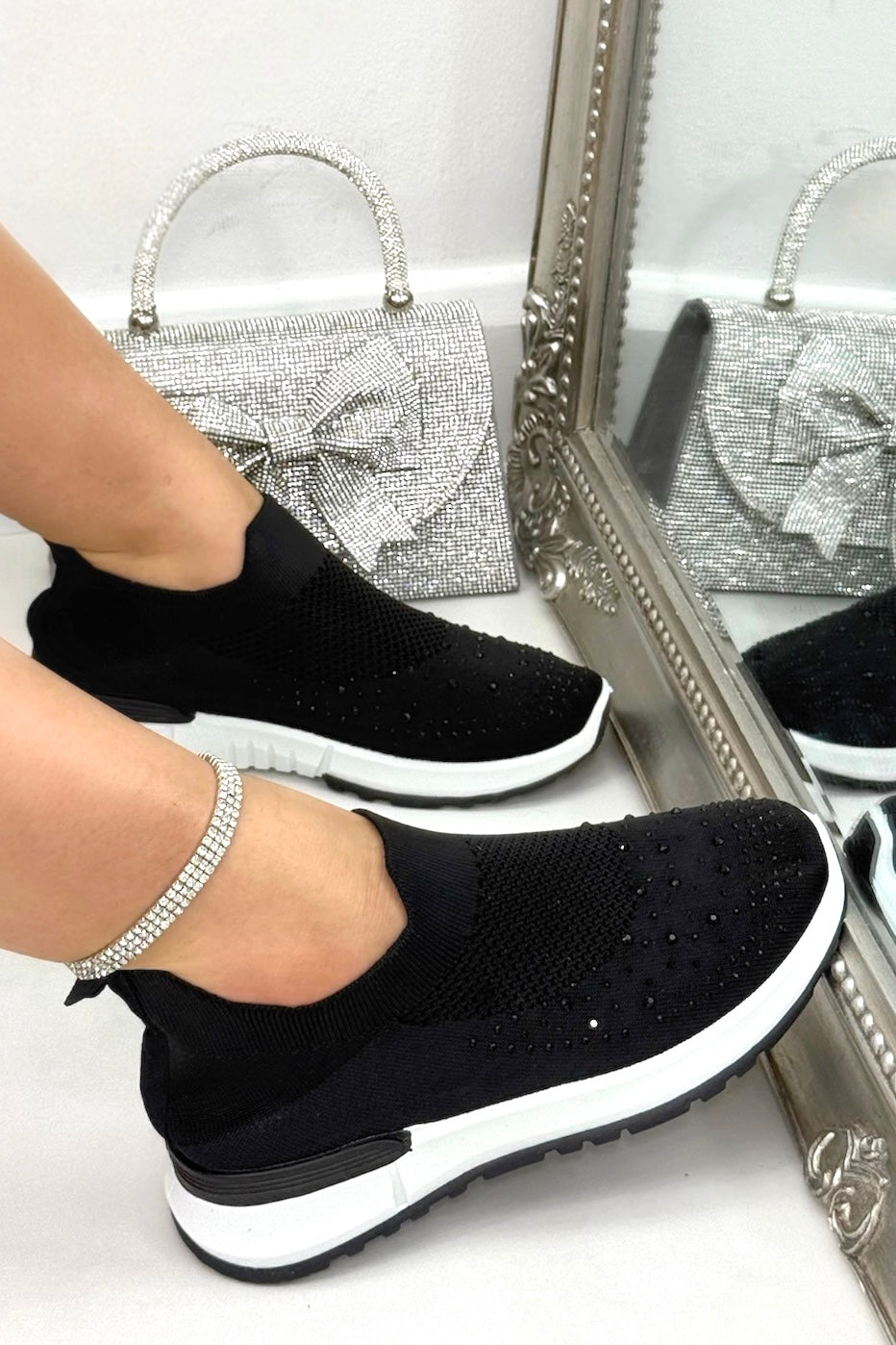 Stretch-Socken Sneaker Schwarz mit Glitzerakzenten