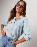 Bequemes lässiges Denim Hemd für Frauen in Blau. 11