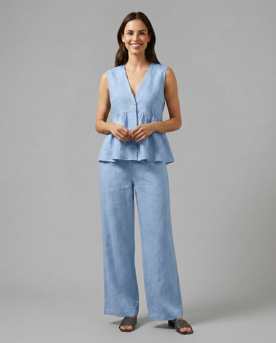 Elegantes Weitbein-Set für Frauen mit ärmellosem Oberteil und fließenden Hosen. 5