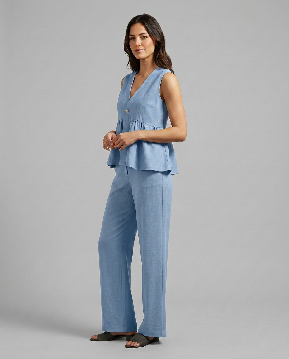 Elegantes Weitbein-Set für Frauen mit ärmellosem Oberteil und fließenden Hosen. 8