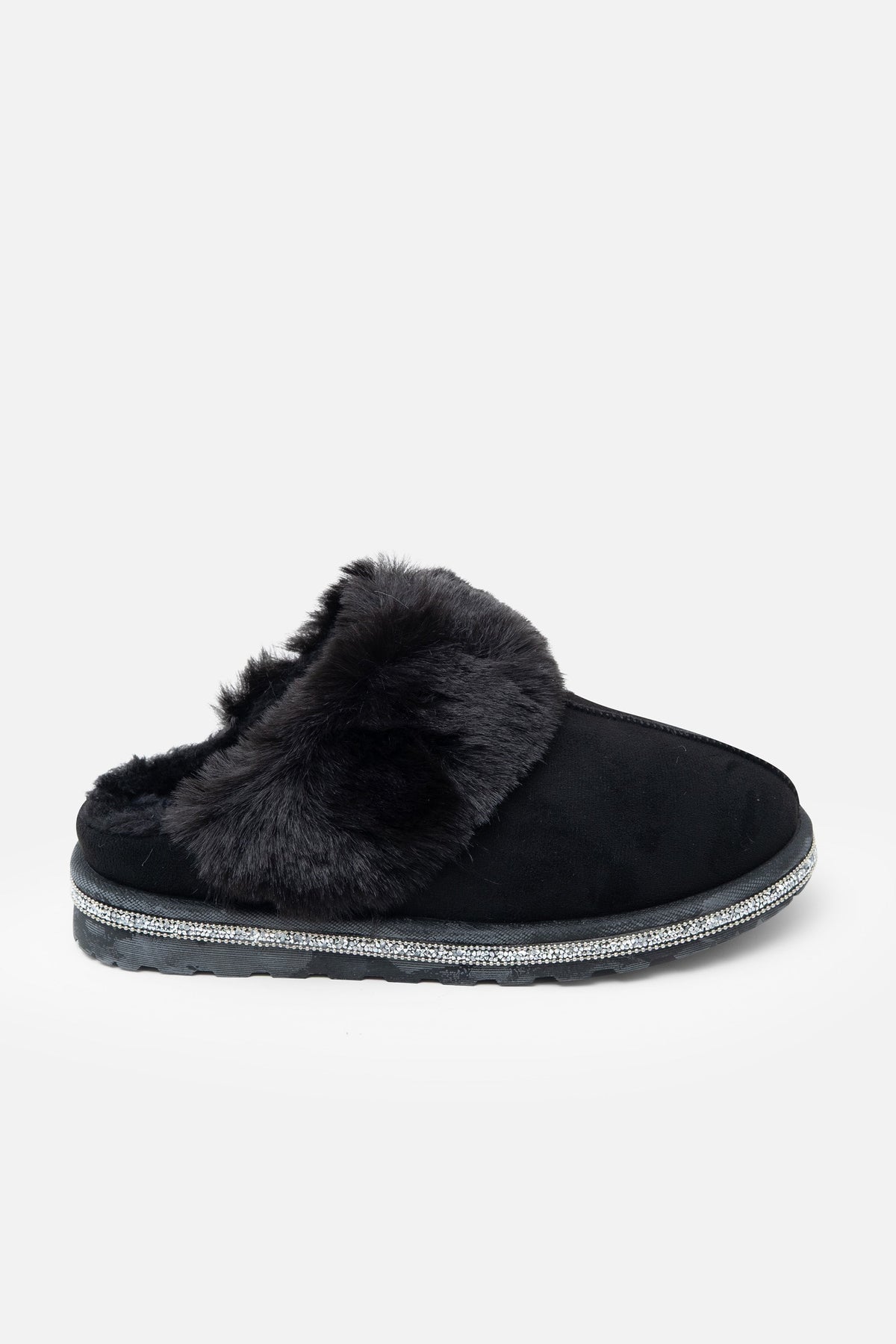 Glitzernde Deluxe Snugg Hausschuhe in Schwarz mit Kunstfellbesatz. 4
