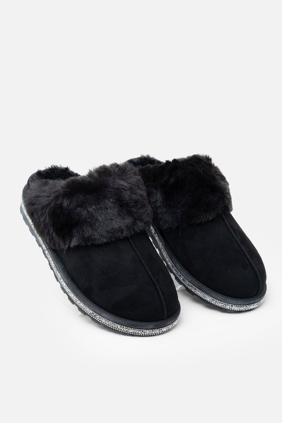 Glitzernde Deluxe Snugg Hausschuhe in Schwarz mit Kunstfellbesatz. 5