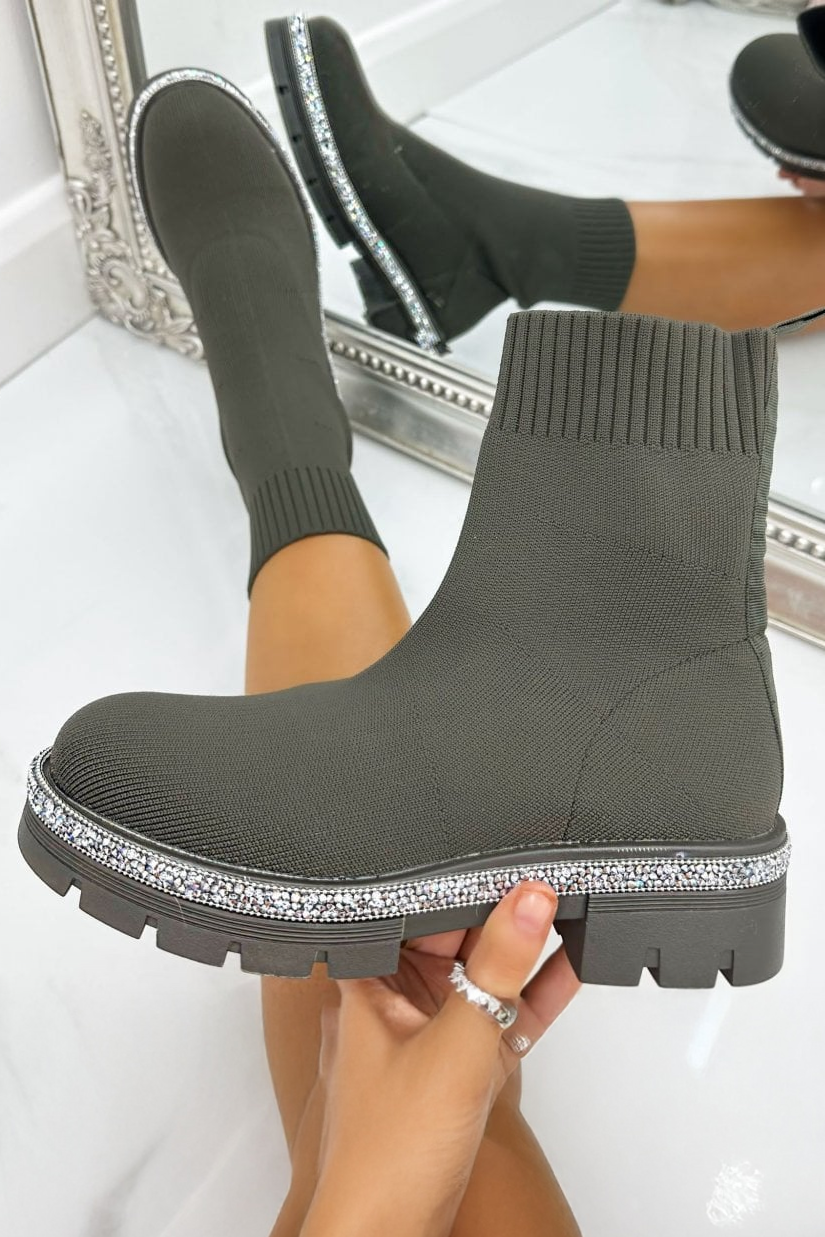 Glitzernde Stretch Chunky Sock Ankle Boots in Khaki