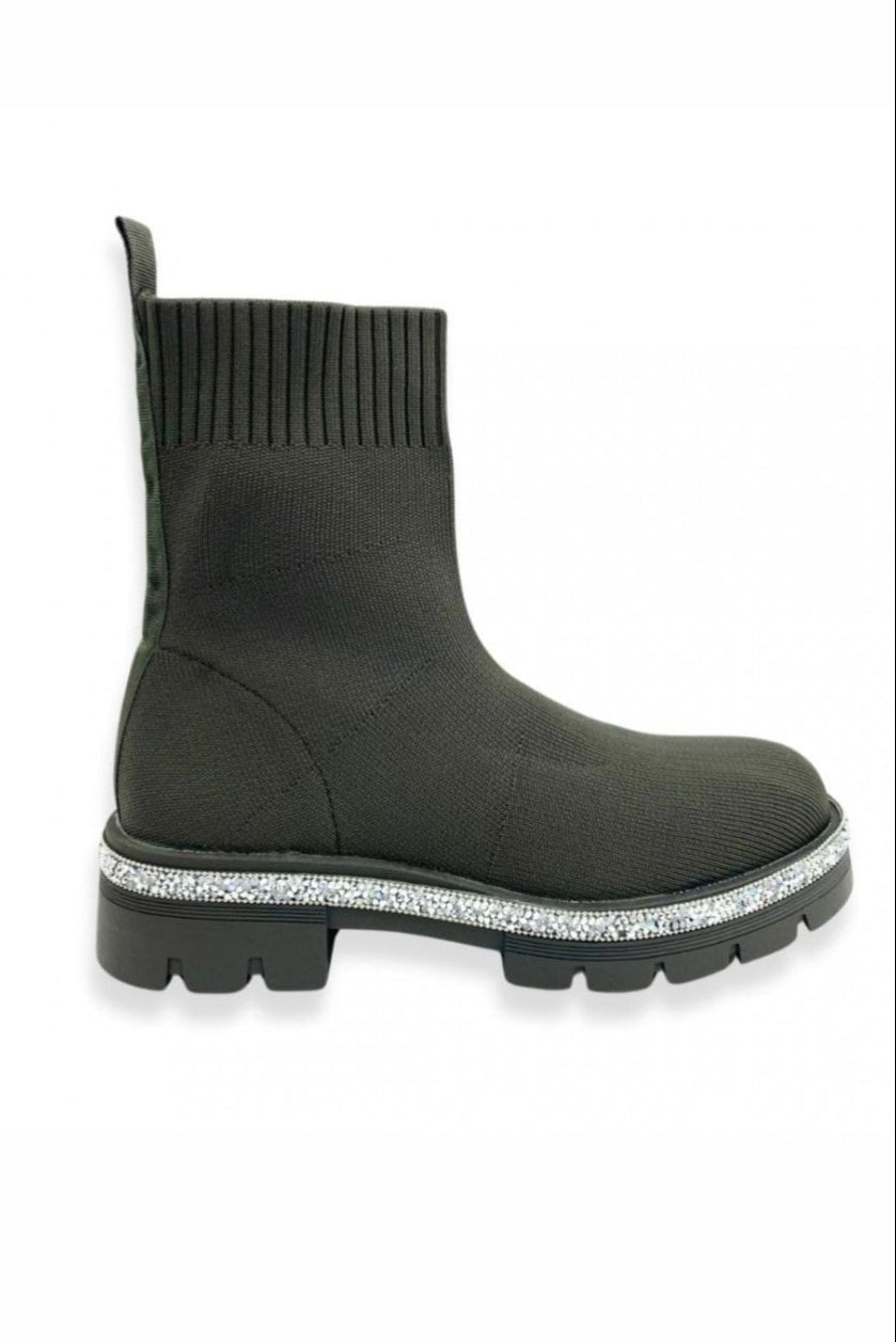 Glitzernde Stretch Chunky Sock Ankle Boots in Khaki 2