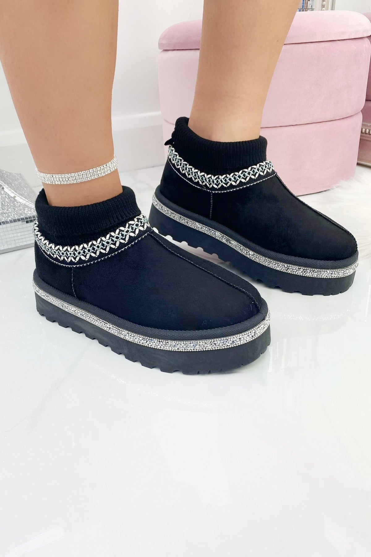 Glitzernde Stretch Sock Warmer Mini Snugg Boots in Schwarz 3