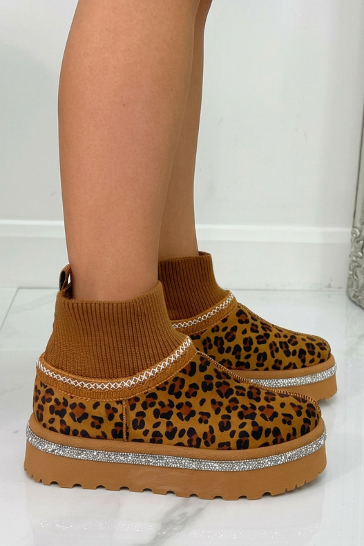 Glitzernde Stretch Sock Warmer Mini Snugg Slipper Boots in Leopardenmuster 4