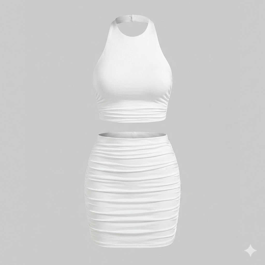 Elegantes Halter Crop Top und Raffung Minirock Set für Frauen. 2