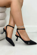 Elegante Kristall Darling Perlen Slingback Kitten Heels in Schwarz.