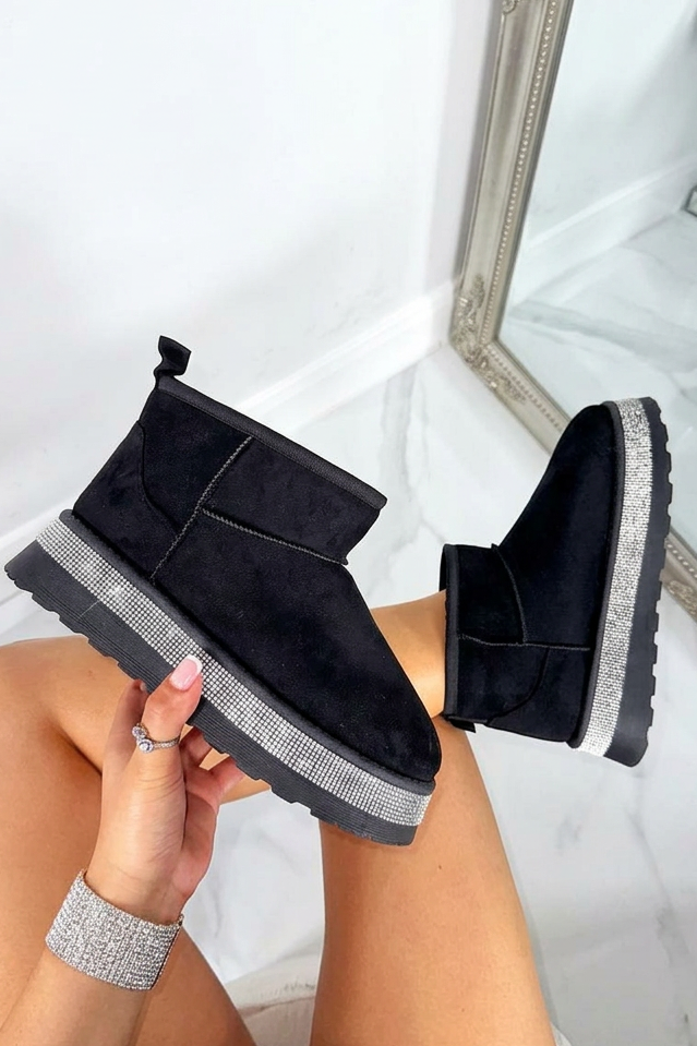 Kristall Diamantkante Gemütliche Mini Stiefel in Schwarz 4