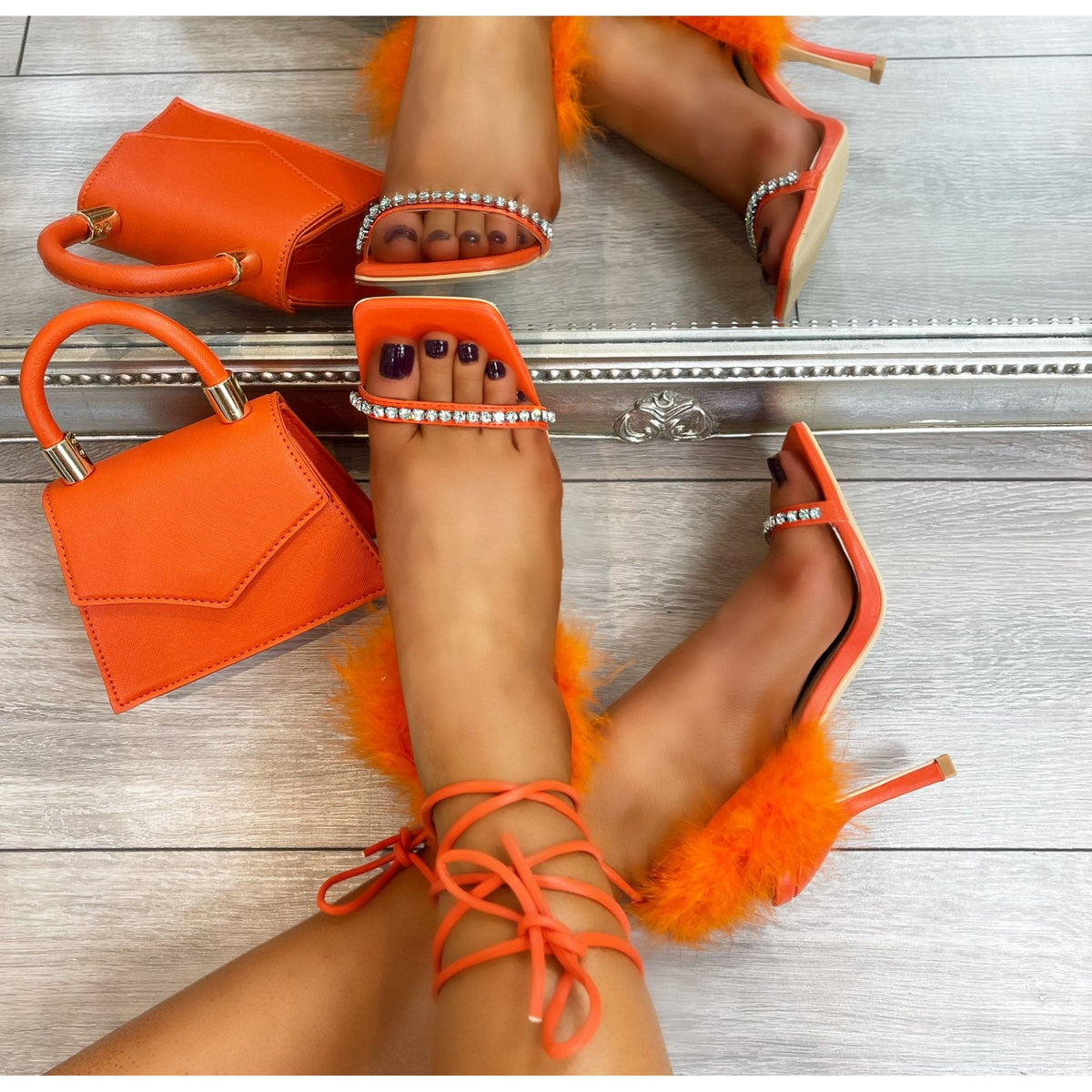 Kristall Euphoria Orange Absatzschuhe mit Glitzer und Federbesatz 5