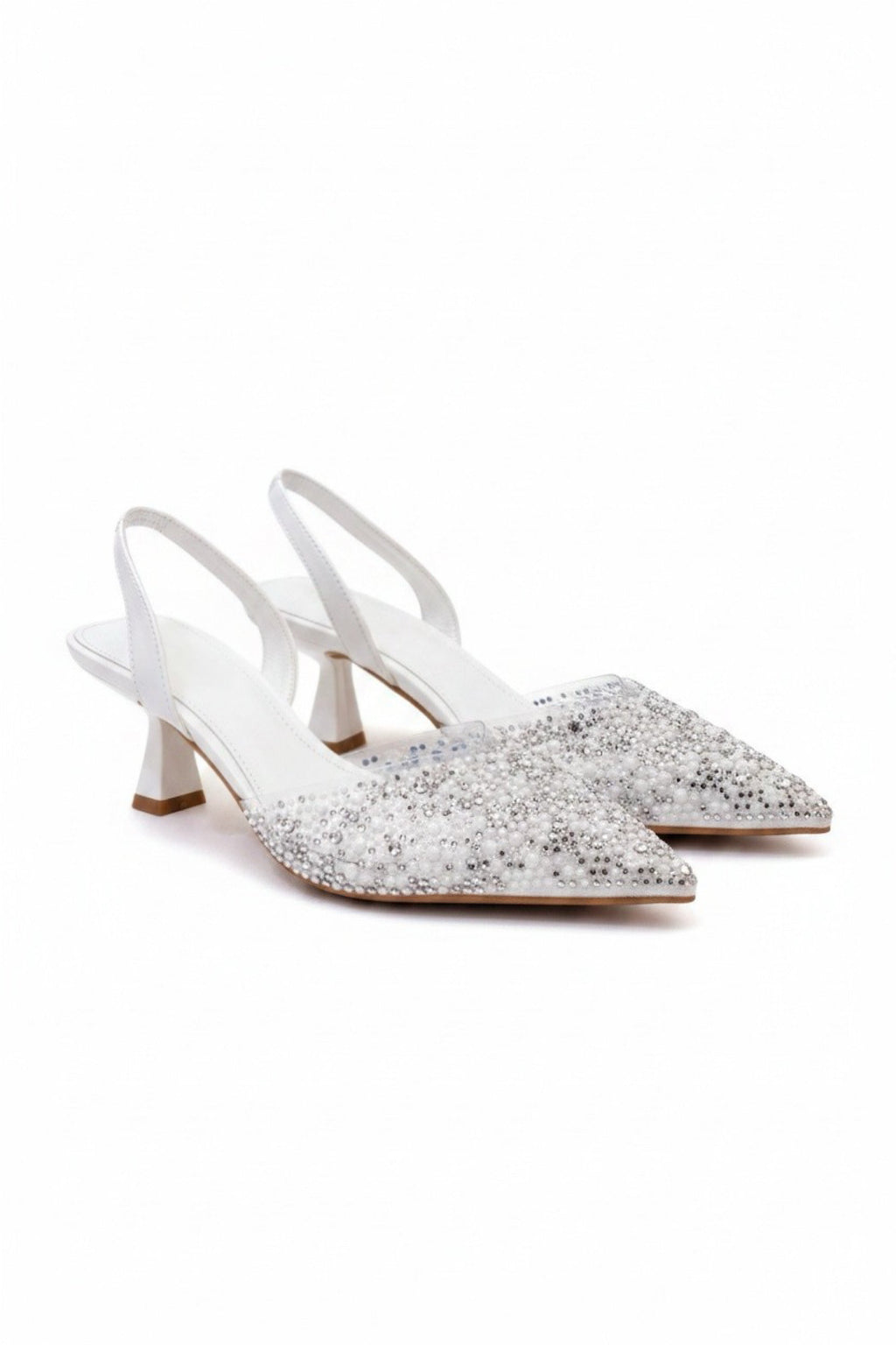 Elegante Kristall Perle Abend Slingback Kitten Heels in Weiß. 3