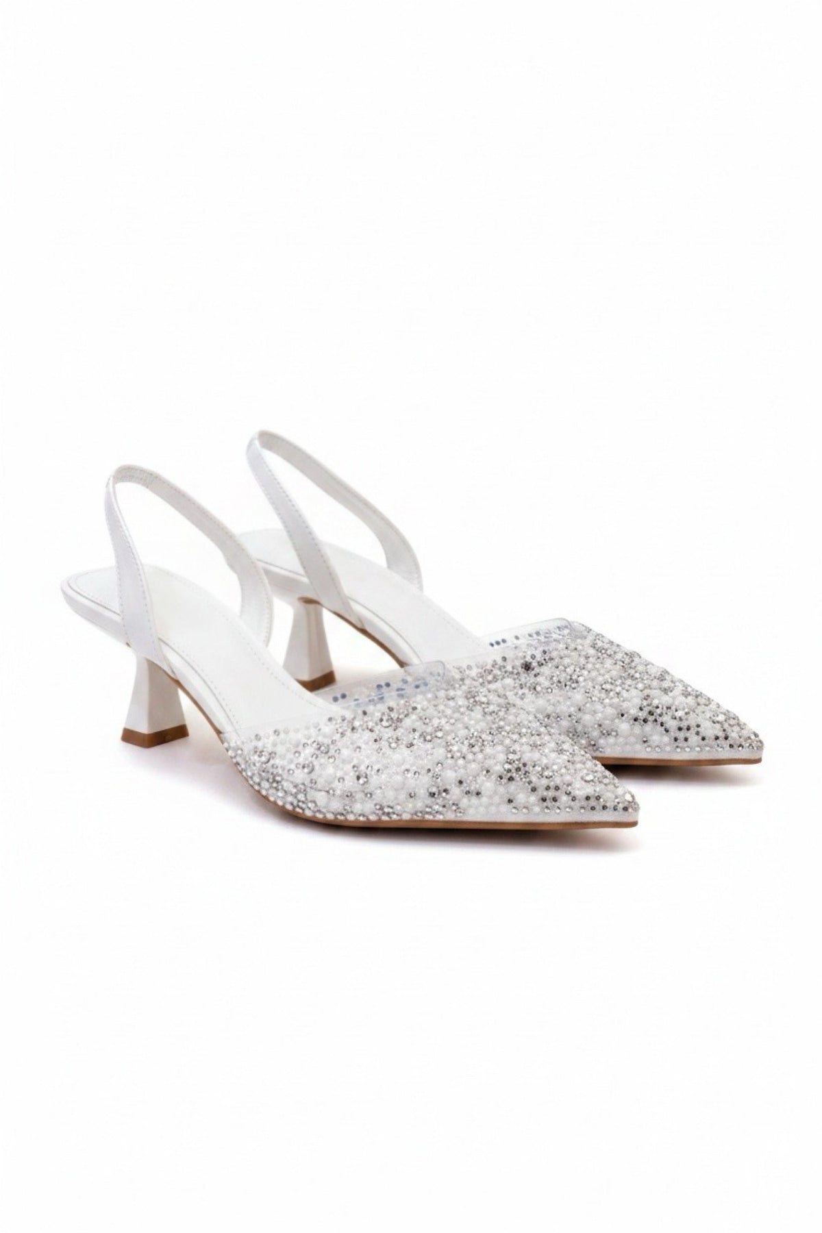 Elegante Kristall Perle Abend Slingback Kitten Heels in Weiß. 3