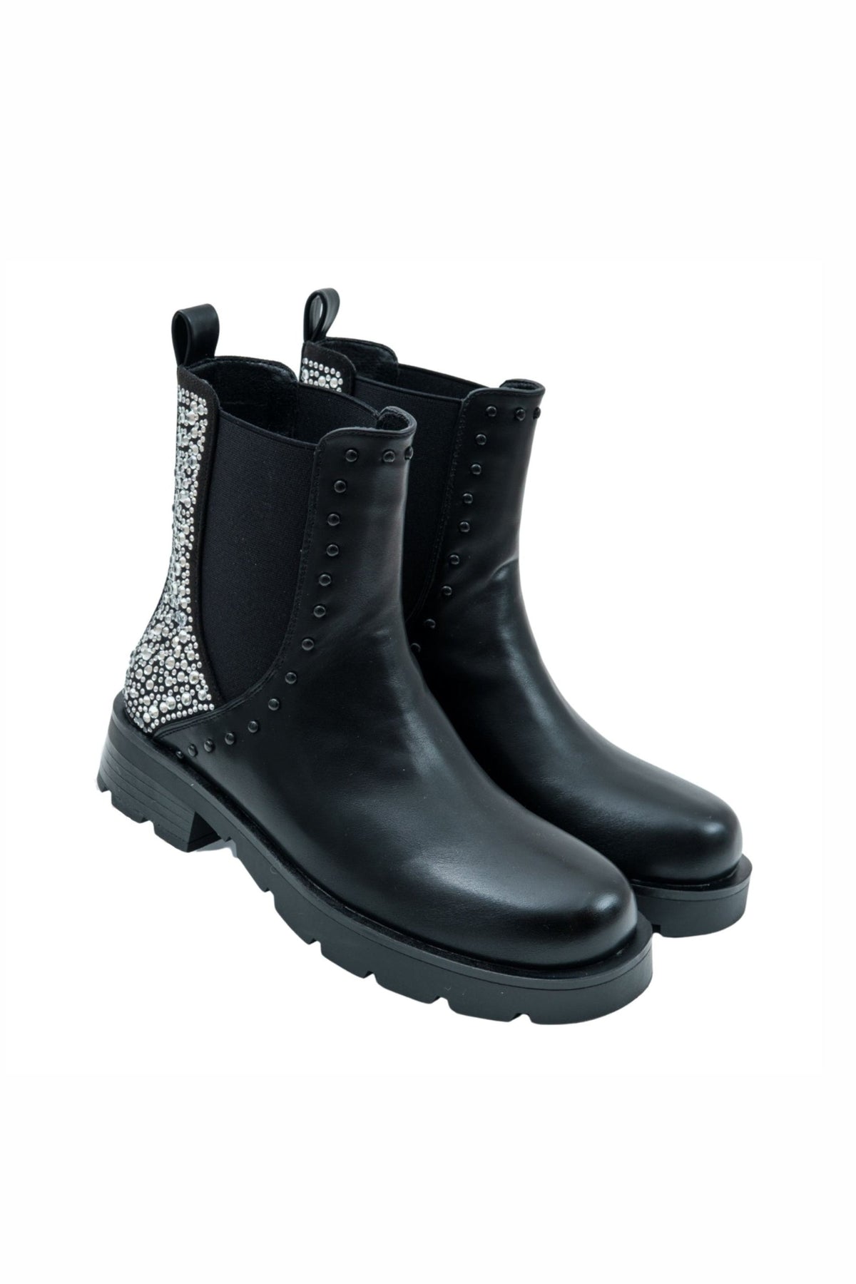 Elegante schwarze Chelsea Stiefel mit Kristallrücken. 7