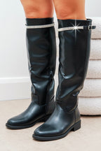 Elegante schwarze Kristall Reign Reiter Stiefel mit Glitzerbesatz.