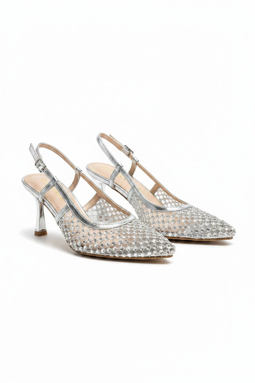 Kristall Siren Slingback Court Heels in Silber mit Glitzer 5
