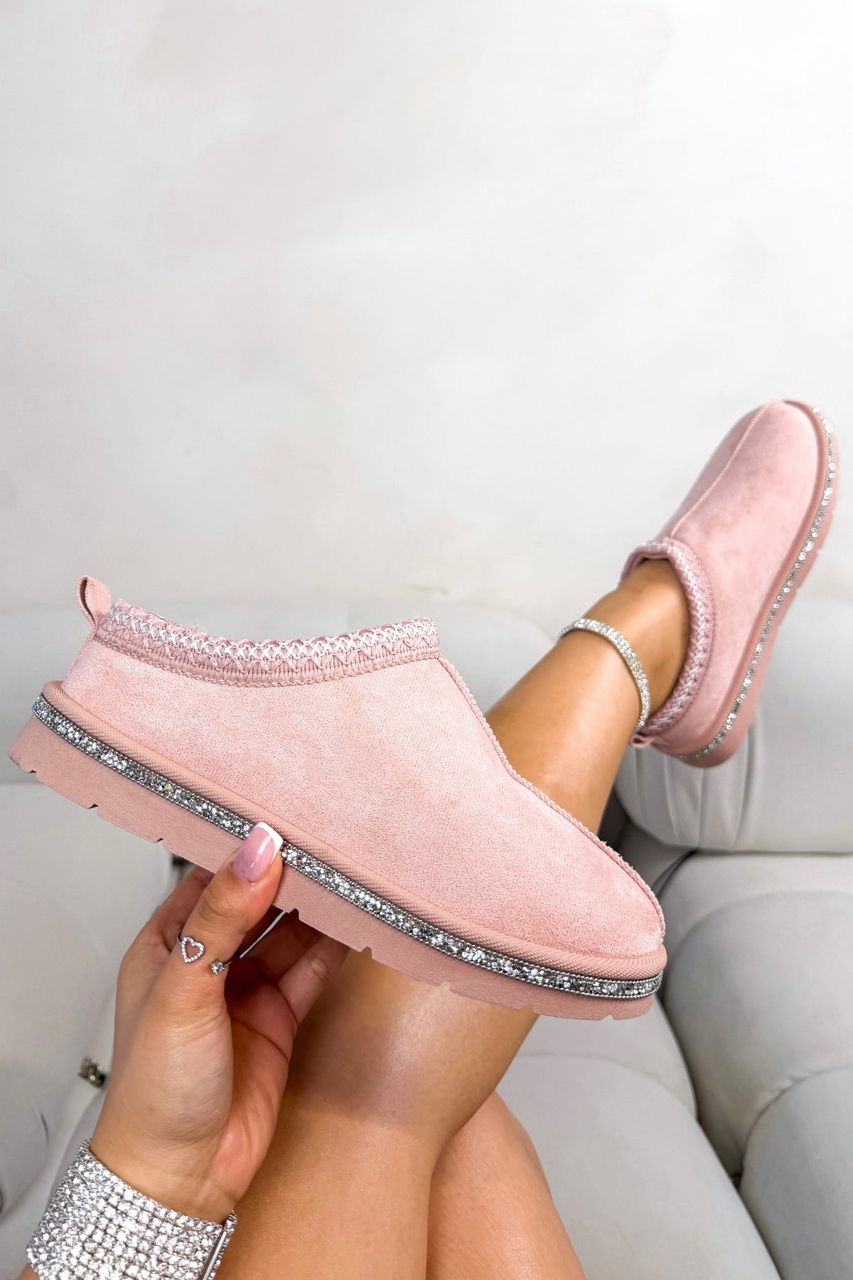 Kristall Tazgirl Kunstfell gefütterte Clogs Slipper in Rosa