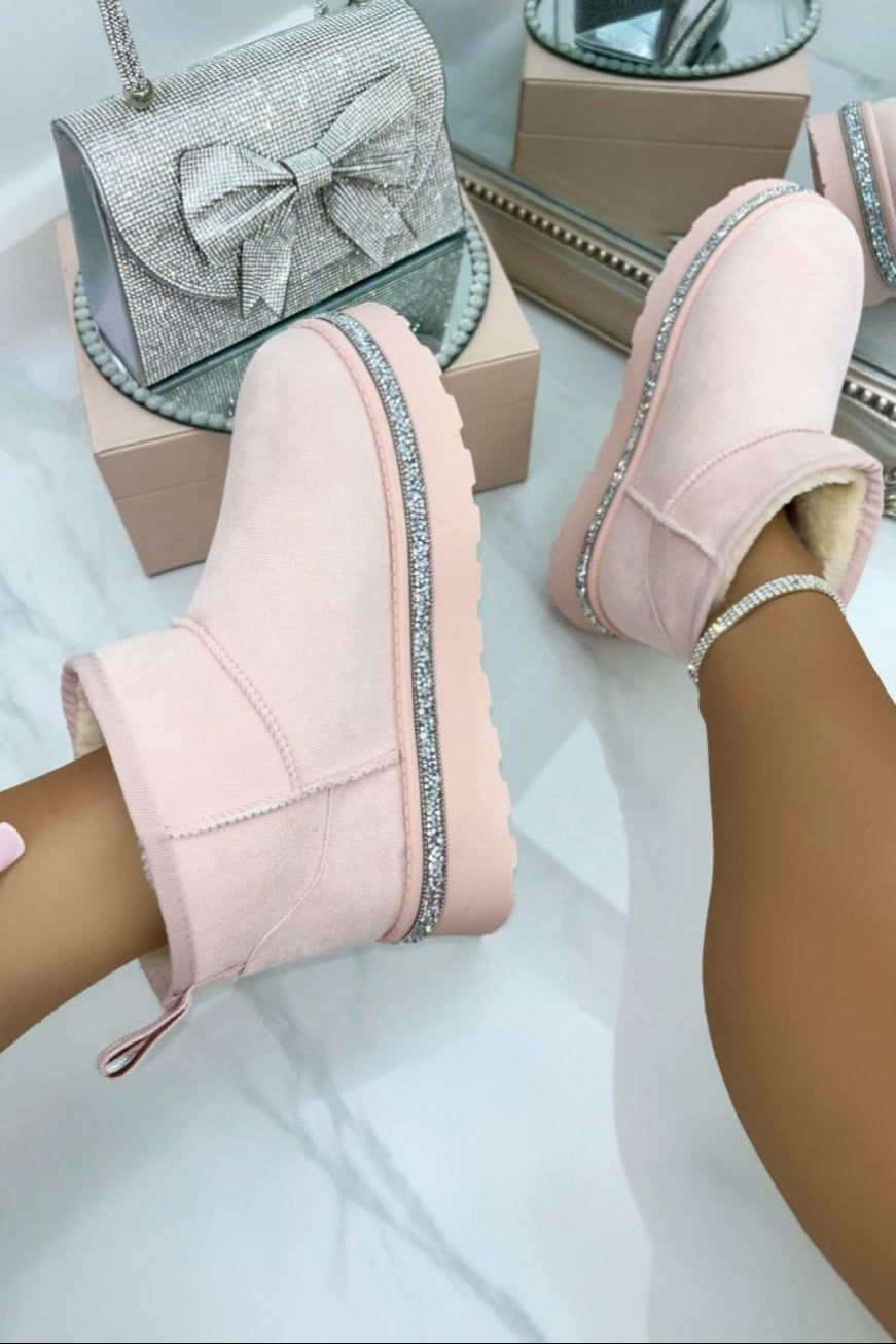 Kristallbesatz Plattform Ultra Mini Snugg Boots in Baby Rosa 2