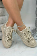 Schnürtrainer Beige mit Kristallverzierung
