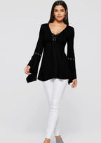 Elegante Lace-Up Flare Sleeve Bluse für Frauen in Schwarz.