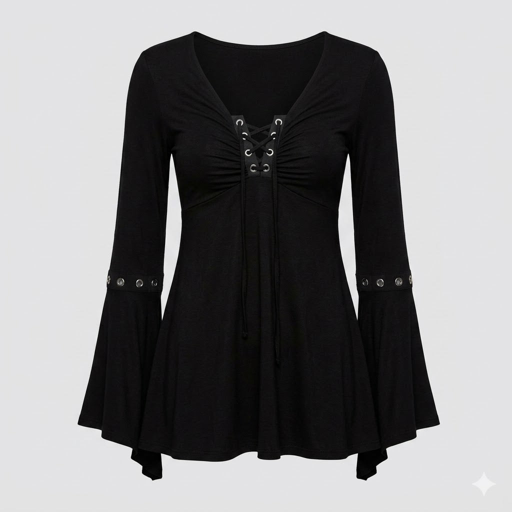 Elegante Lace-Up Flare Sleeve Bluse für Frauen in Schwarz. 2