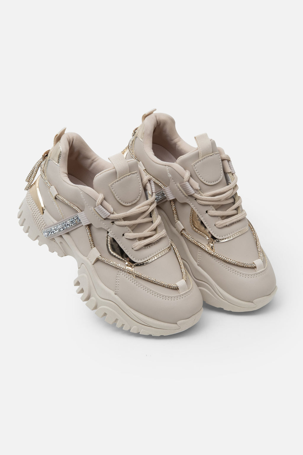 Luxuriöse Chunky Sneaker Beige mit Kristallakzenten 4