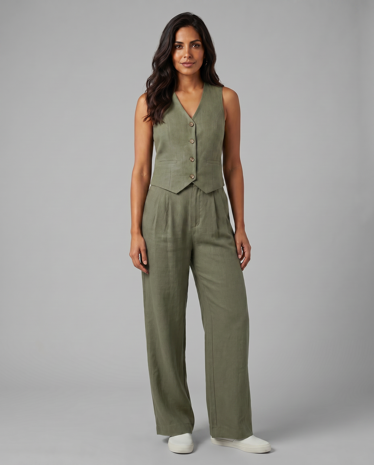 Elegantes Leinen Co-Ord Set für Frauen mit Weste und weit geschnittenen Hosen. 16