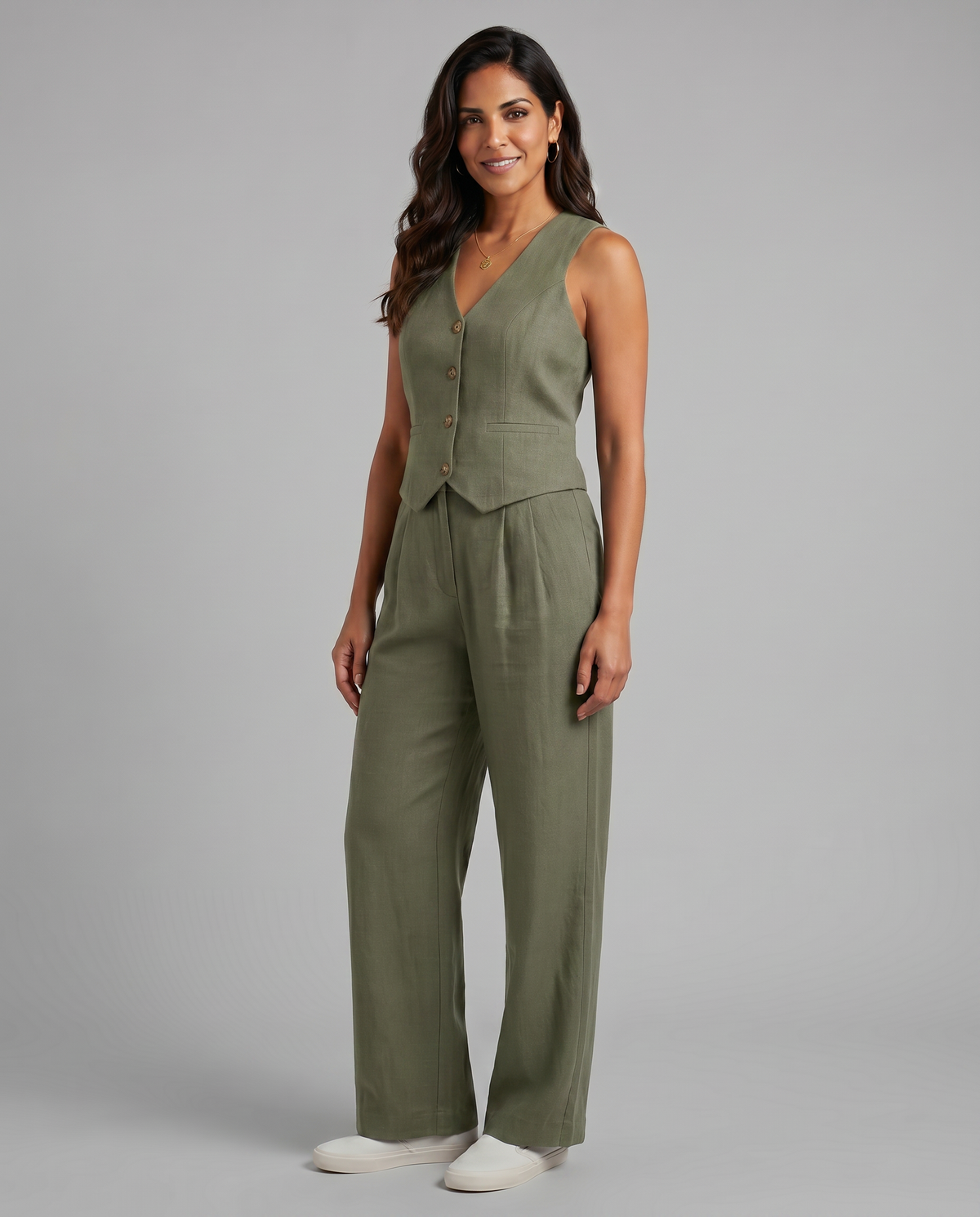 Elegantes Leinen Co-Ord Set für Frauen mit Weste und weit geschnittenen Hosen. 18