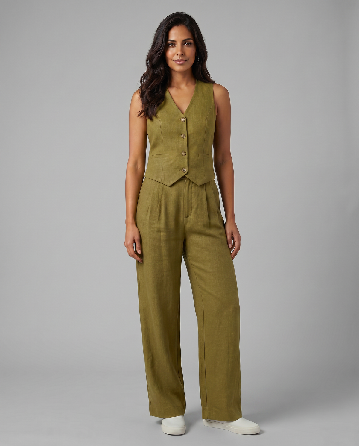 Elegantes Leinen Co-Ord Set für Frauen mit Weste und weit geschnittenen Hosen. 4